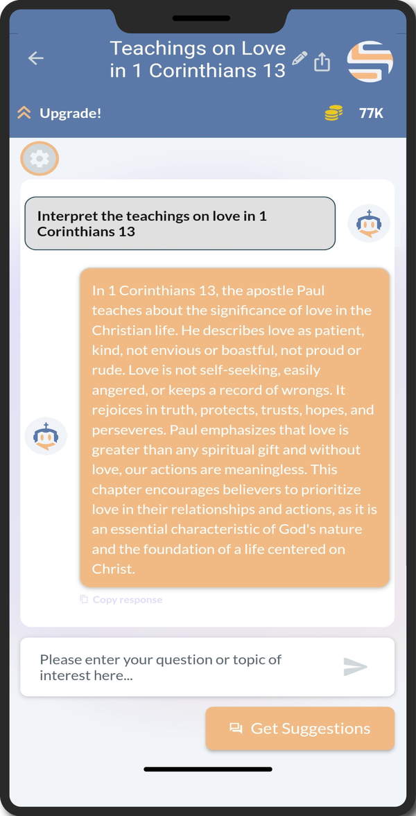Spirit Speak AI app answering a question about 1 Corinthians 13